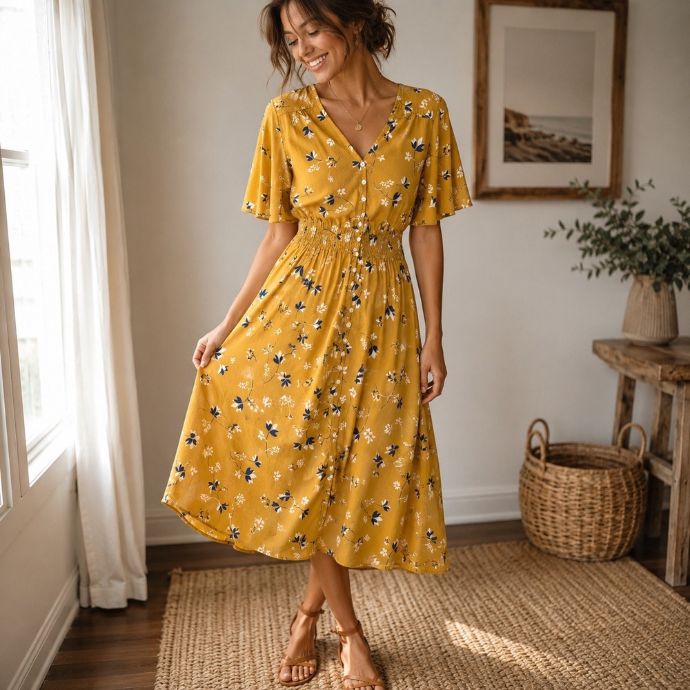 BoheeWohee Mustard Yellow Floral Button Down Midi Dress Smocked Waist Womens M